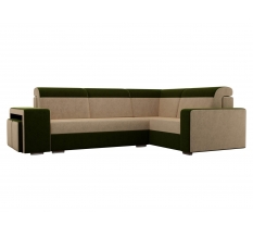 Угловой диван Мустанг с двумя пуфами вельвет бежевый зеленый правый