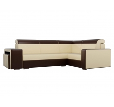 Угловой диван Мустанг с двумя пуфами эко кожа бежевый коричневый правый