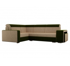Угловой диван Мустанг с двумя пуфами вельвет бежевый зеленый левый