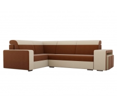 Угловой диван Мустанг с двумя пуфами рогожка коричневый бежевый левый