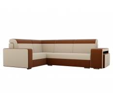 Угловой диван Мустанг с двумя пуфами рогожка бежевый коричневый левый